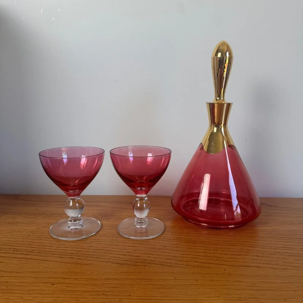 Vintage MCM Cranberry Glass Decanter and 2 Cordial Glasses Gold Trim‎ Set